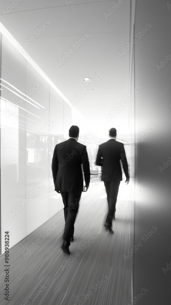 Fototapeta premium Two businessmen are walking down a modern office hallway with a serious expression
