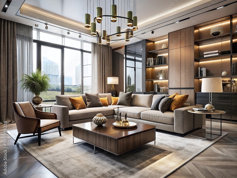 Modern living room featuring sleek lines, neutral tones, and industrial chic accents, highlighting the fusion of Modern living room featuring sleek lines, neutral tones, and industrial chic accents, highlighting the fusion of