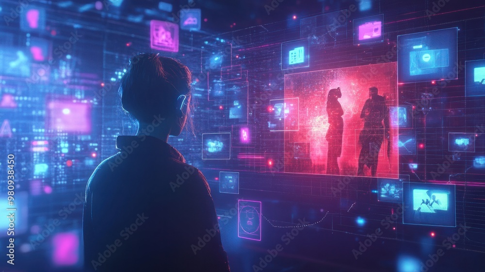 A conceptual image of a user accessing social media through the metaverse, interacting with virtual friends in real-time. A conceptual image of a user accessing social media through the metaverse, interacting with virtual friends in real-time.