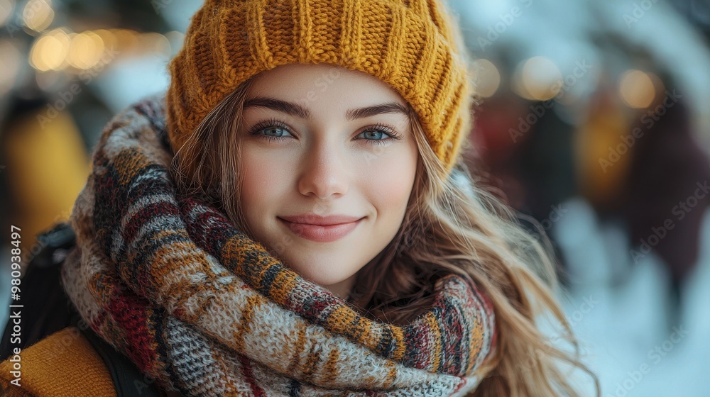 A young woman smiles warmly in a cozy winter outfit, featuring a knitted beanie and colorful scarf while surrounded by a festive outdoor market A young woman smiles warmly in a cozy winter outfit, featuring a knitted beanie and colorful scarf while surrounded by a festive outdoor market