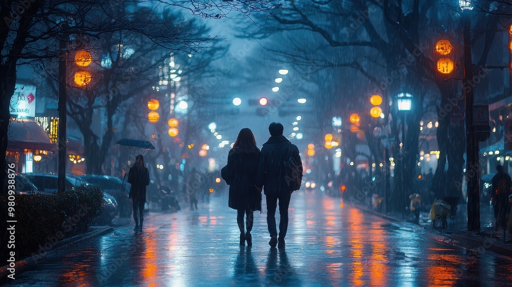 Couple walking hand in hand on a rainy street illuminated by lanterns in the evening twilight Couple walking hand in hand on a rainy street illuminated by lanterns in the evening twilight