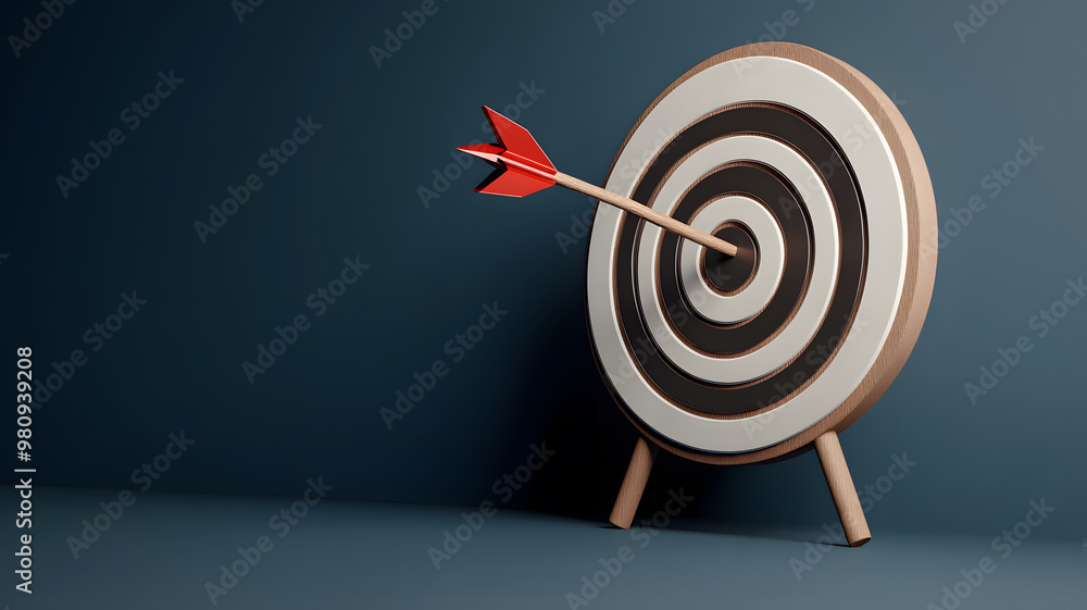 closeup of 3d render of target board with an arrow in the middle, gray blue background, business concept closeup of 3d render of target board with an arrow in the middle, gray blue background, business concept