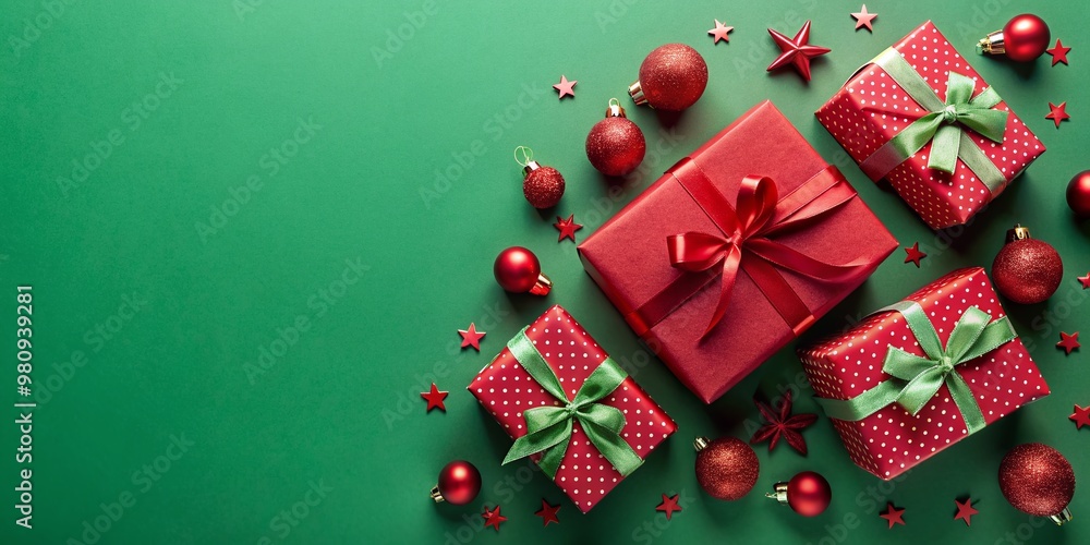 Holiday card design featuring a festive flat lay arrangement of red gift boxes on a vibrant green background with ample text space. Holiday card design featuring a festive flat lay arrangement of red gift boxes on a vibrant green background with ample text space.