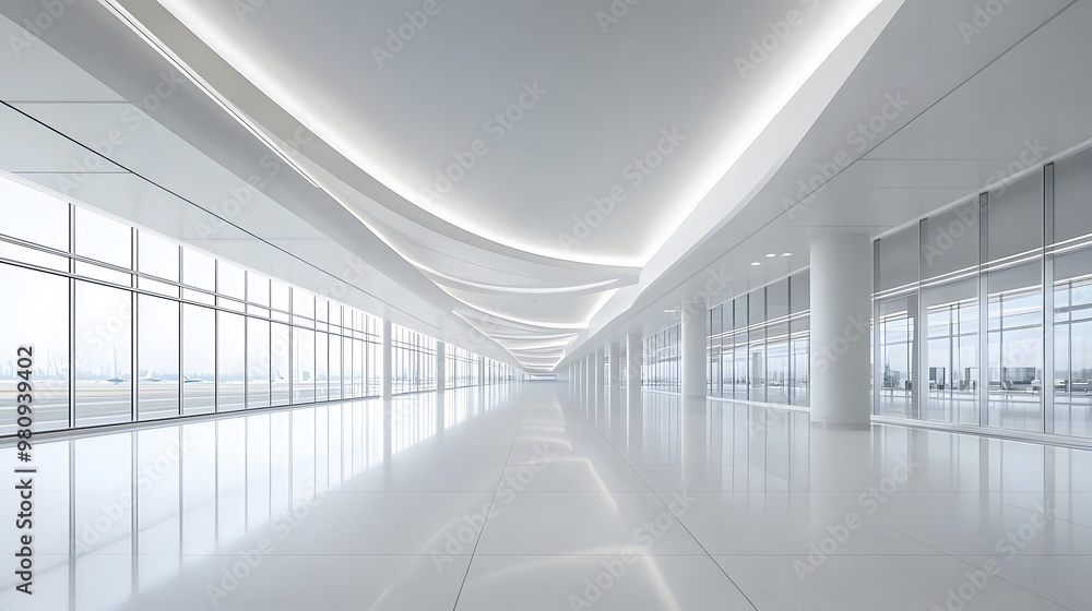 Bright modern airport terminal featuring an expansive white interior and floor-to-ceiling windows, ensuring a spacious, minimalist design with natural light flooding in. Bright modern airport terminal featuring an expansive white interior and floor-to-ceiling windows, ensuring a spacious, minimalist design with natural light flooding in.