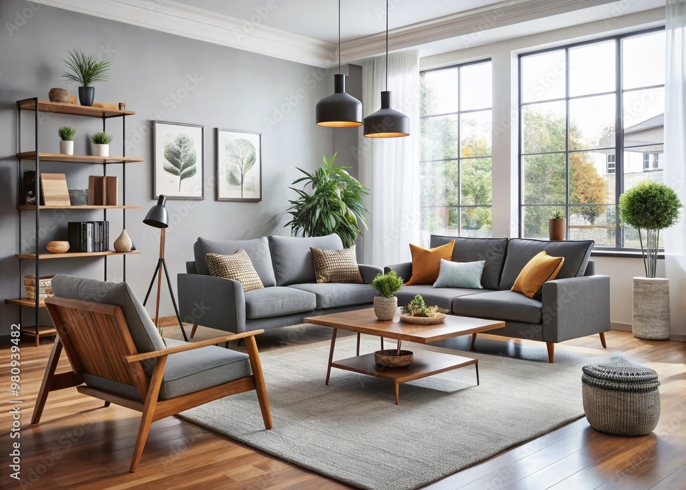Modern living room with sleek, budget-friendly furniture pieces from various affordable brands, offering stylish Modern living room with sleek, budget-friendly furniture pieces from various affordable brands, offering stylish