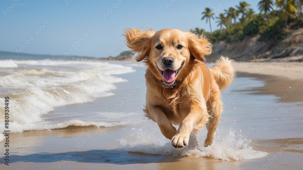 Happy Golden Retriever running on the sandy shore. Happy Golden Retriever running on the sandy shore.