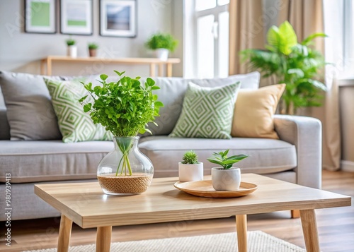 Modern living room with minimalist decor showcases a beautiful vase filled with fresh green seedlings on a sleek