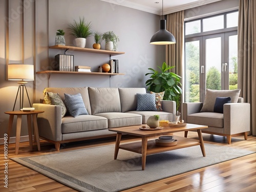 Modern living room with sleek, budget-friendly furniture, featuring a discount-priced sofa, coffee table, and photo