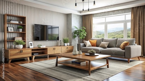 Modern living room with sleek, budget-friendly sofa, coffee table, and TV stand, showcasing stylish and durable