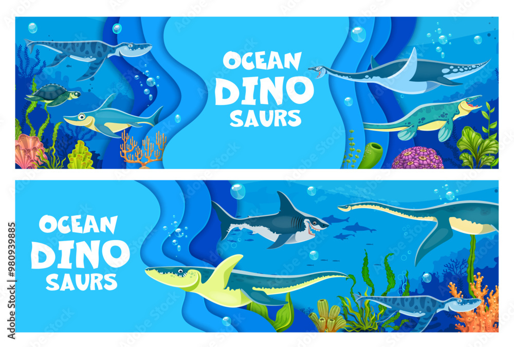 Underwater prehistoric dinosaurs and reptiles in paper cut waves