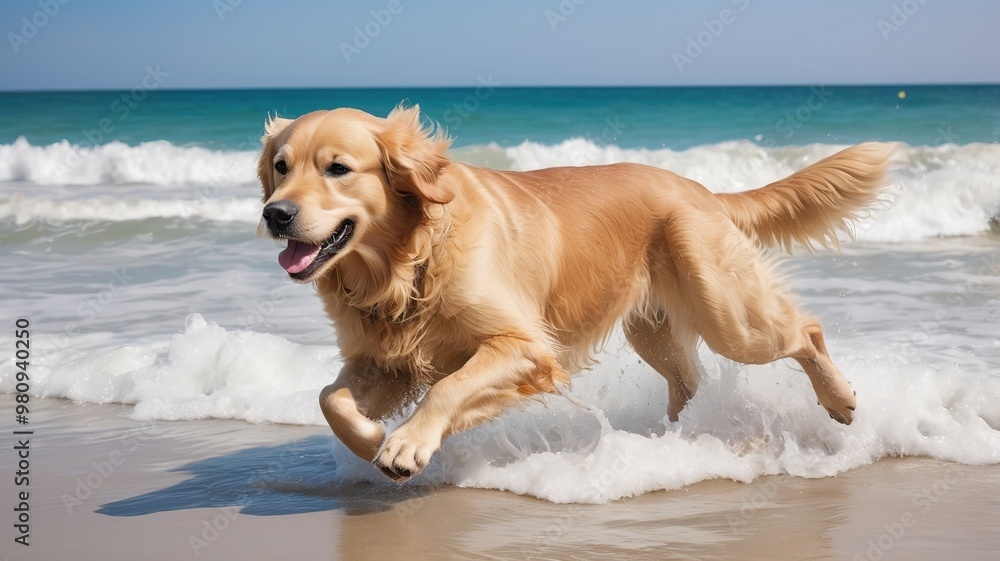 Golden Retriever with a joyful expression, running on the beach. Golden Retriever with a joyful expression, running on the beach.