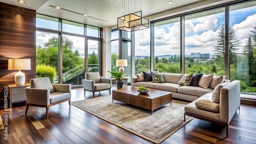 Modern living room with sleek hardwood floors, floor-to-ceiling windows, and tasteful decor, showcasing Ottawa's