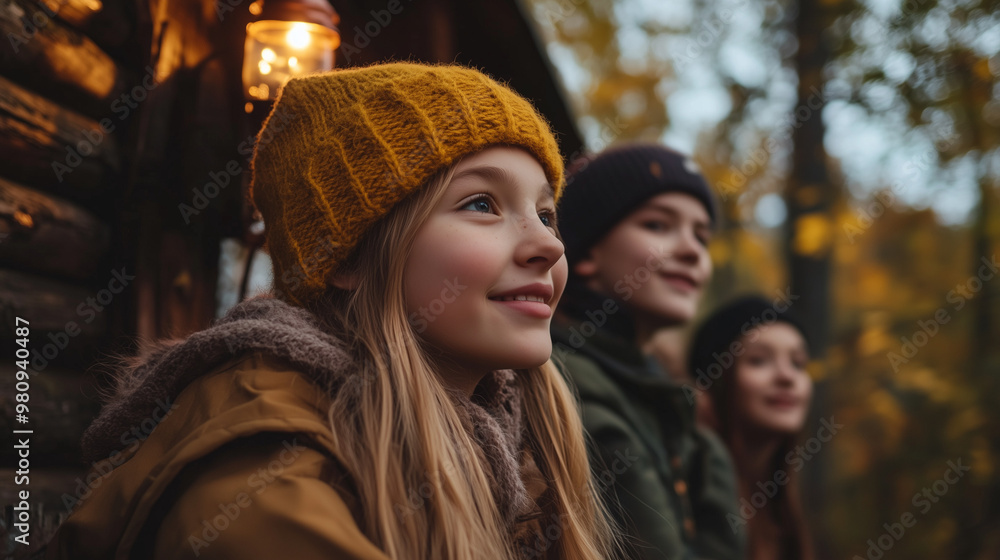 Close Portrait of Teen with Friends on Loghouse Terrace, Cozy Autumn Vibes Close Portrait of Teen with Friends on Loghouse Terrace, Cozy Autumn Vibes