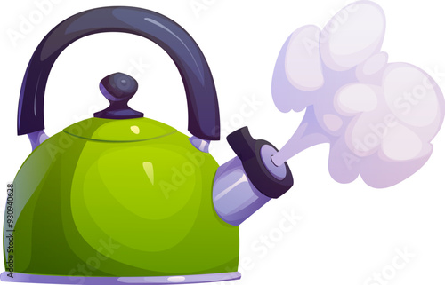Boiling kettle, isolated cartoon vector green teapot with glossy surface, whistle and rounded handle, releasing steam from its spout. Retro household appliance, home utensil for cooking hot beverages
