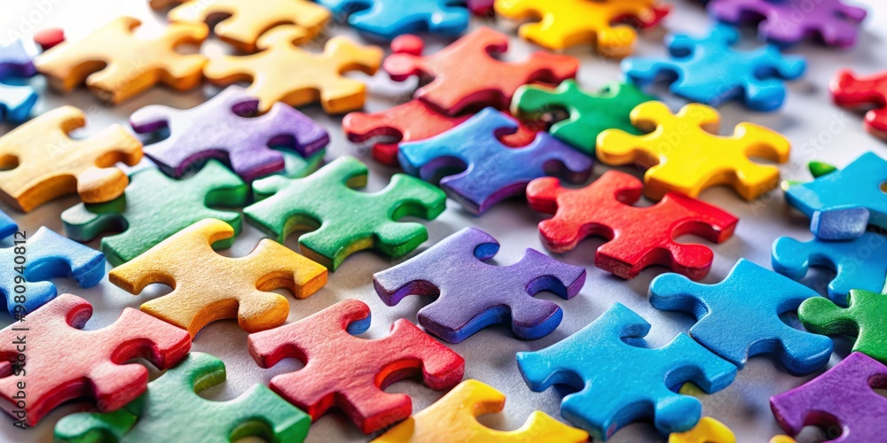 Close-up of multi-colored puzzle pieces on a white background, representing the autism spectrum disorder.