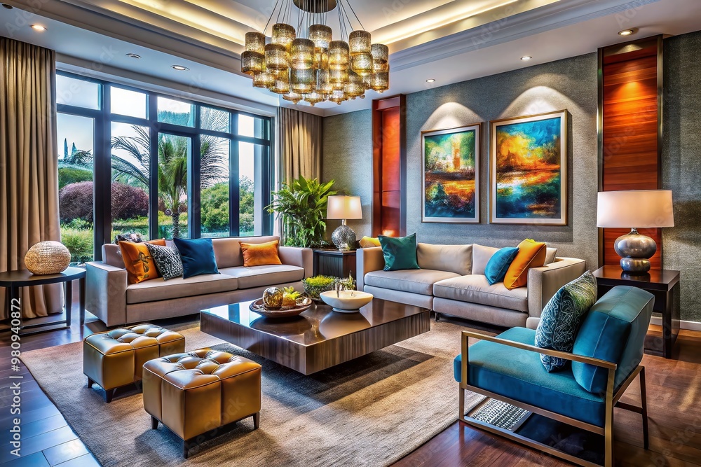 Modern luxury living room with sleek lines, bold colors, and eclectic accents, showcasing a harmonious blend of art, Modern luxury living room with sleek lines, bold colors, and eclectic accents, showcasing a harmonious blend of art,