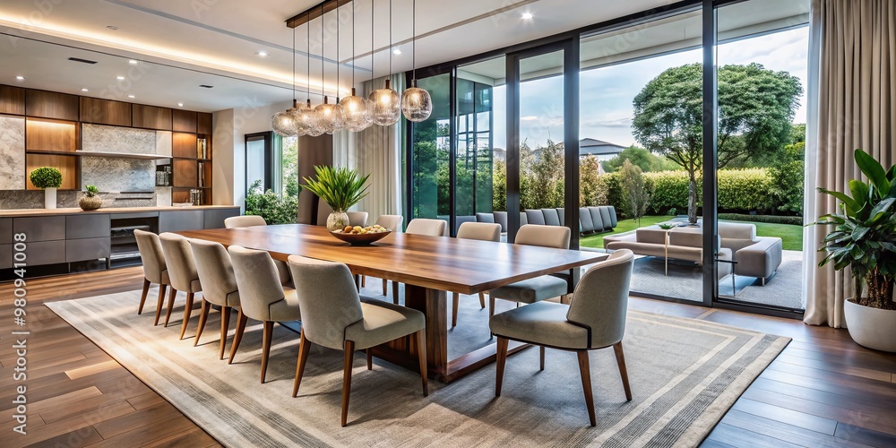 Fototapeta premium Modern Melbourne-inspired dining room with sleek wooden table, elegant chairs, and floor-to-ceiling windows, exuding a
