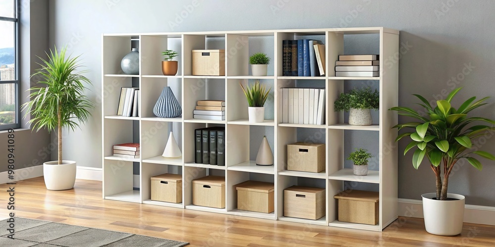 Fototapeta premium Modern minimalist 25-cube organizer storage bookcase with adjustable shelves and clean lines, ideal for home office