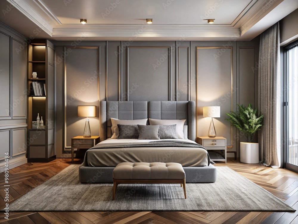 Modern minimalist bedroom with sleek 3D rendering, soft gray walls, plush area rug, and contemporary furniture,