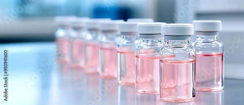 A row of glass vials containing pink liquid, suitable for pharmaceutical and medical use in a sterile environment.