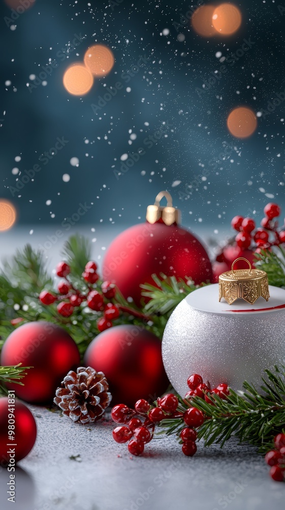 A Christmas party invitation card mockup placed on a table with holiday ornaments, evergreen branches, and a soft candlelit glow. A Christmas party invitation card mockup placed on a table with holiday ornaments, evergreen branches, and a soft candlelit glow.