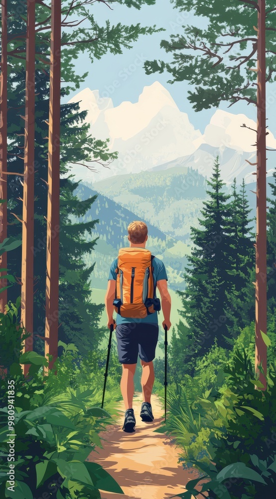 Naklejka premium Hiker Exploring Scenic Trail in Lush Forest