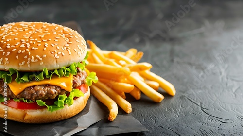 A juicy cheeseburger and crispy French fries sit temptingly on a dark, elegant background. photo