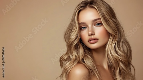 A close-up portrait of a woman with wavy blonde hair and soft makeup against a neutral background.