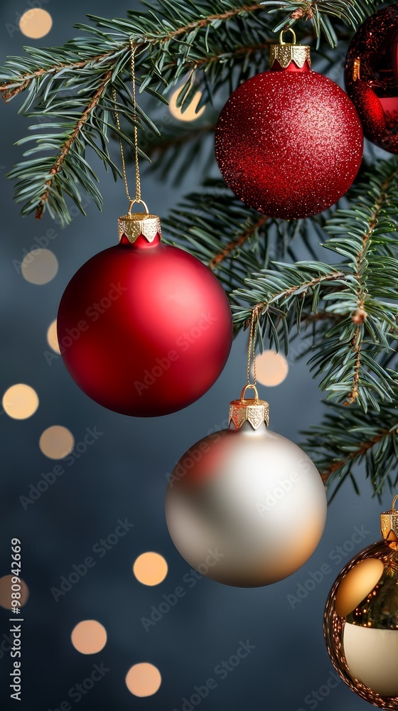 A close-up of Christmas tree ornaments in red, gold, and bronze, delicately hanging from pine branches with a dreamy bokeh light effect. A close-up of Christmas tree ornaments in red, gold, and bronze, delicately hanging from pine branches with a dreamy bokeh light effect.