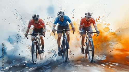 Watercolour Illustration of Three Cyclists in colorful jerseys Race on road, pushing their limits in intense Competition with splashes of vibrant colors. photo