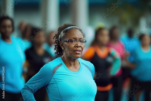 Group of older adults participating in outdoor fitness exercises for healthy aging during a community event in the afternoon