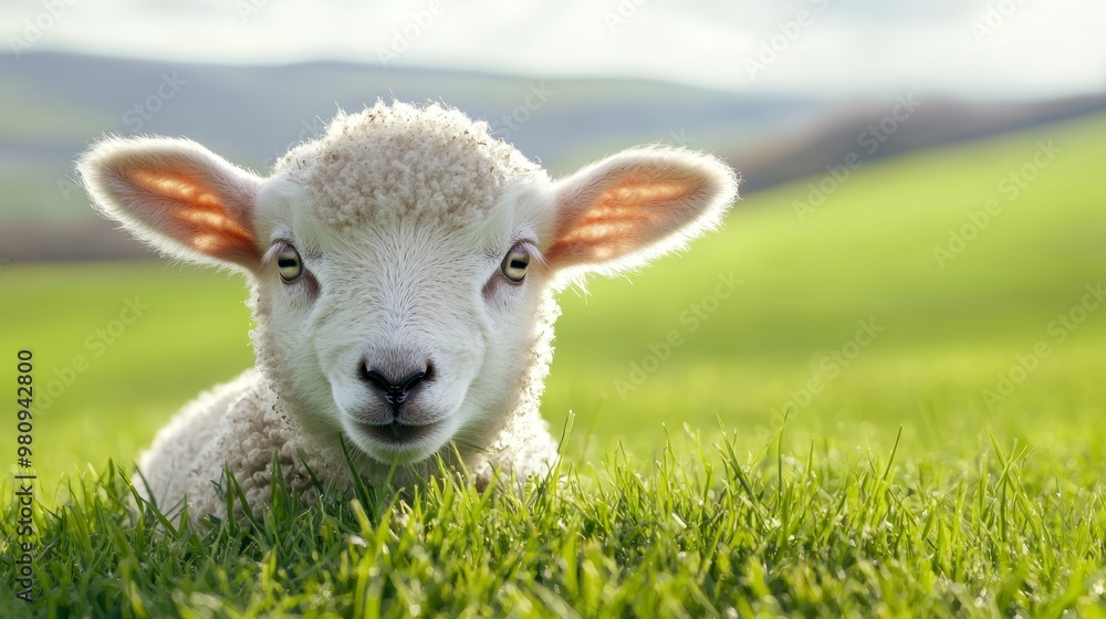 A baby lamb chewing contentedly on grass, ears standing straight, with the bright green countryside stretching out behind it. A baby lamb chewing contentedly on grass, ears standing straight, with the bright green countryside stretching out behind it.