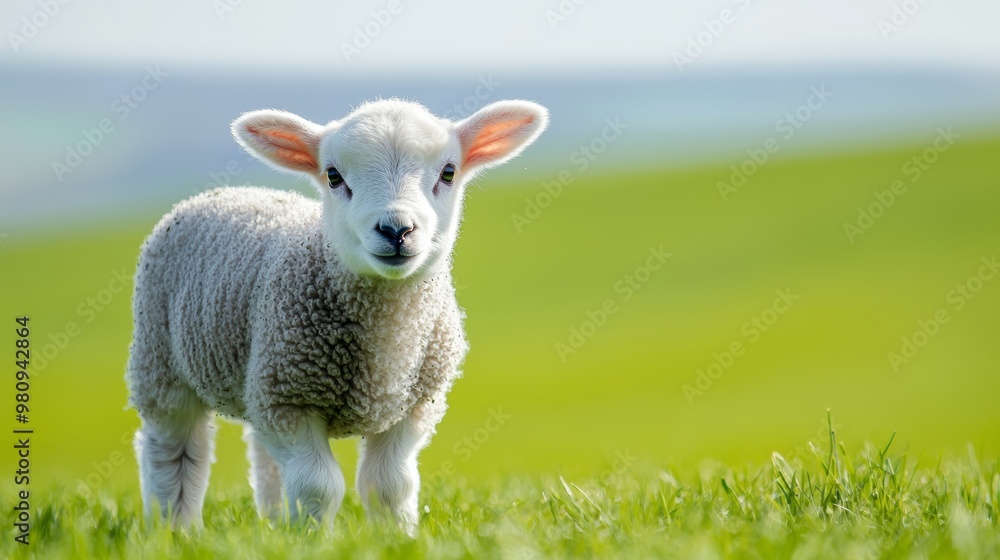 A baby lamb chewing contentedly on grass, ears standing straight, with the bright green countryside stretching out behind it. A baby lamb chewing contentedly on grass, ears standing straight, with the bright green countryside stretching out behind it.