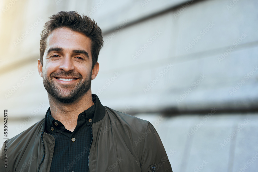Obraz premium Man, portrait and smile outdoor in city for travel, morning commute and adventure for sightseeing Mexico. Tourist, person and happy on sidewalk with confidence, pride and excited to explore scenery
