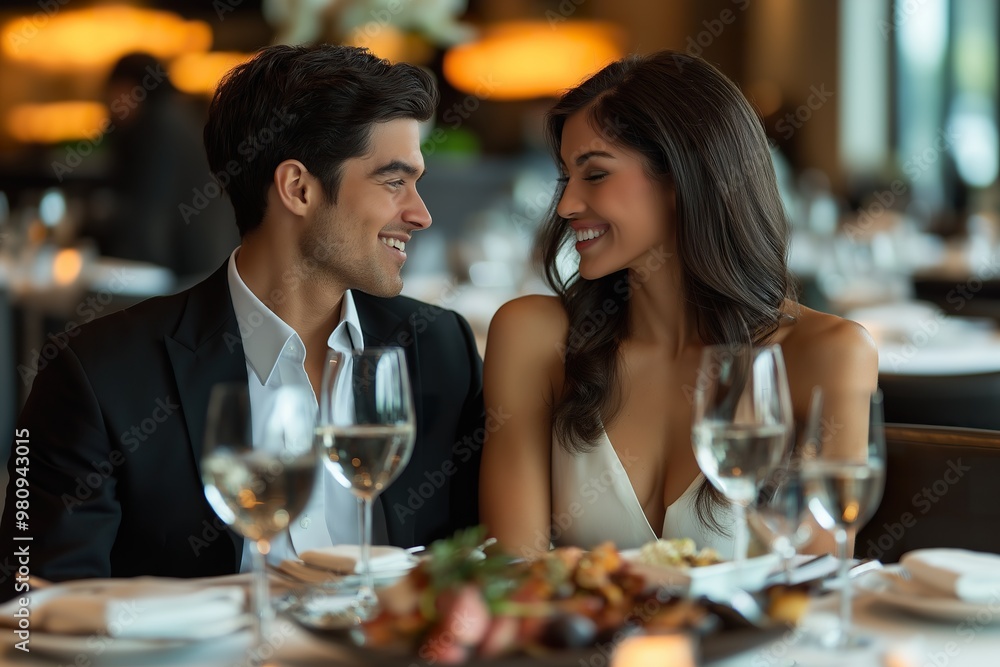 Elegant dining experience for a couple at a luxurious restaurant during evening hours Elegant dining experience for a couple at a luxurious restaurant during evening hours