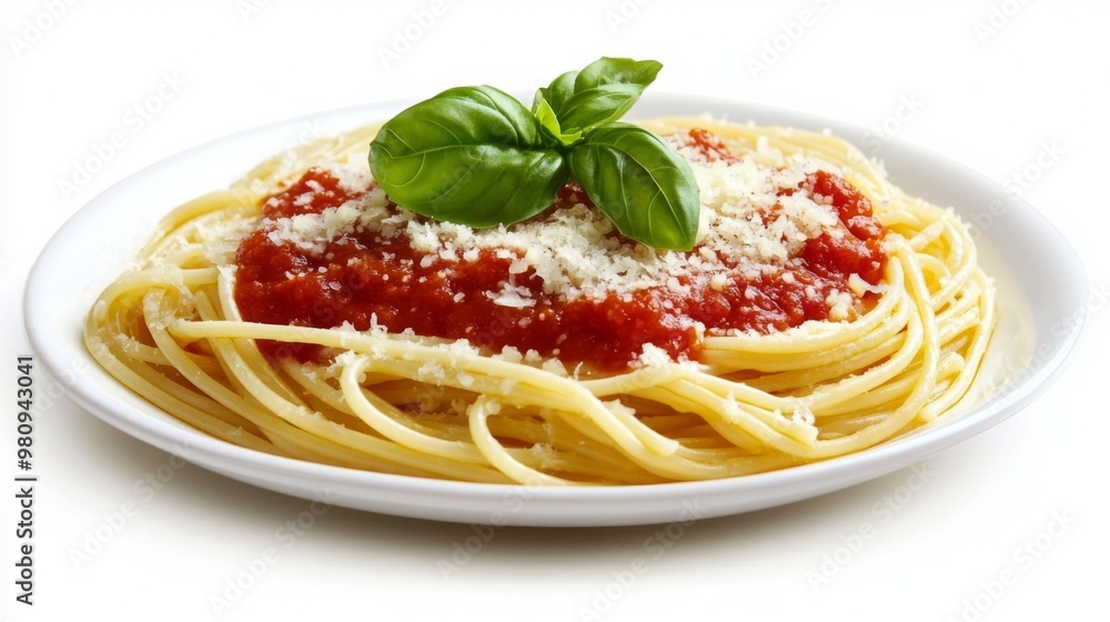 A beautifully arranged plate of classic Italian pasta with marinara sauce, fresh basil, and grated Parmesan, set against a clean white background A beautifully arranged plate of classic Italian pasta with marinara sauce, fresh basil, and grated Parmesan, set against a clean white background