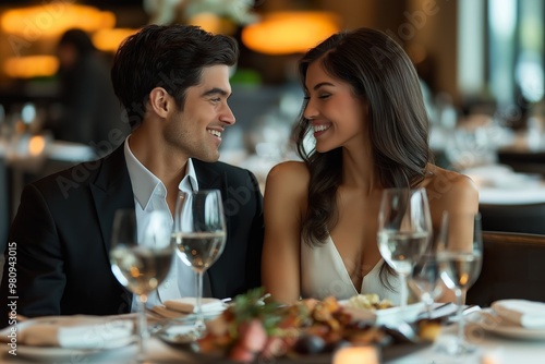 Elegant dining experience for a couple at a luxurious restaurant during evening hours