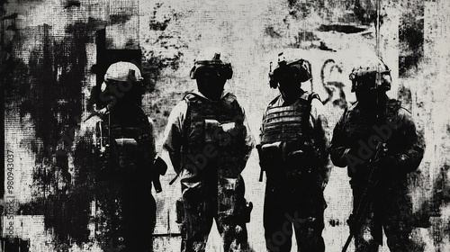 Group of four government agents standing and protecting in black and white