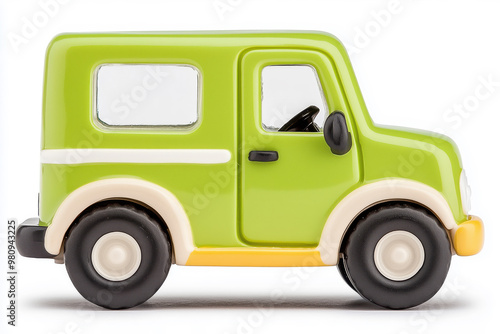 Green toy car in a minimalist style on a white background