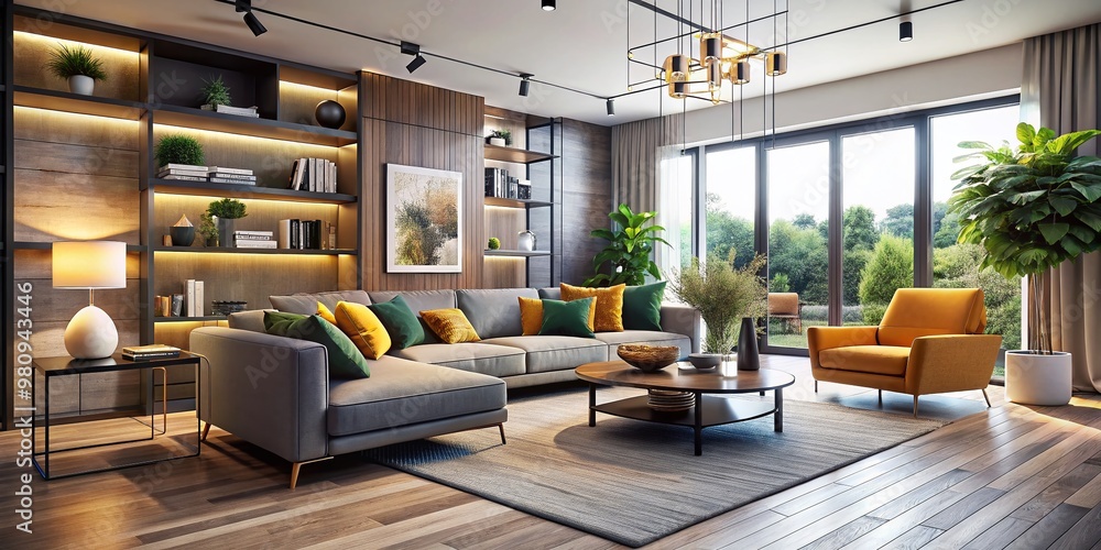 Modern minimalist living room with sleek furniture and vibrant decor, visualized in stunning 3D rendering, expertly Modern minimalist living room with sleek furniture and vibrant decor, visualized in stunning 3D rendering, expertly