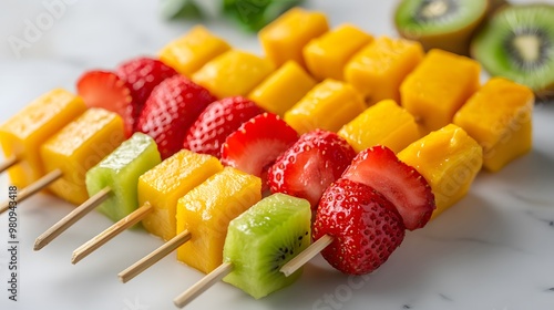 Colorful fruit kabobs featuring fresh kiwi, strawberry, pineapple, and mango chunks, arranged on skewers with a vibrant tropical fruit platter against a marble countertop.