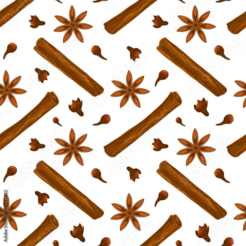 Cinnamon sticks, coriander, clove seamless pattern. Endless pattern on white background. Aromatic spices. Hand drawn vector illustration. Condiment for mulled wine. Print for kitchen textile decor.