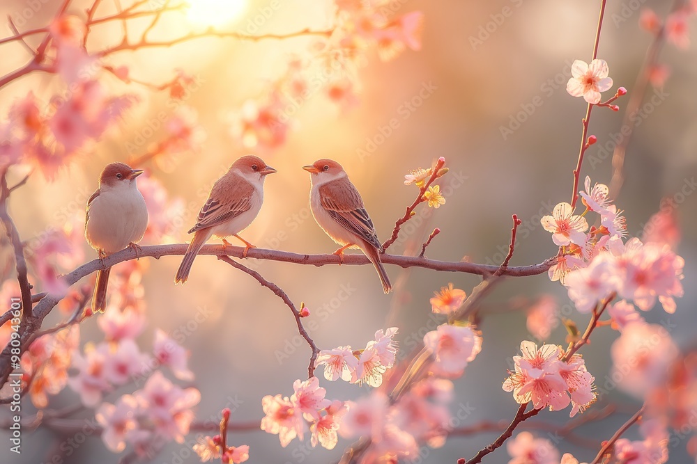 Delightful birds sing joyfully while perched on branches filled with vibrant cherry blossoms during a tranquil spring day. Delightful birds sing joyfully while perched on branches filled with vibrant cherry blossoms during a tranquil spring day.