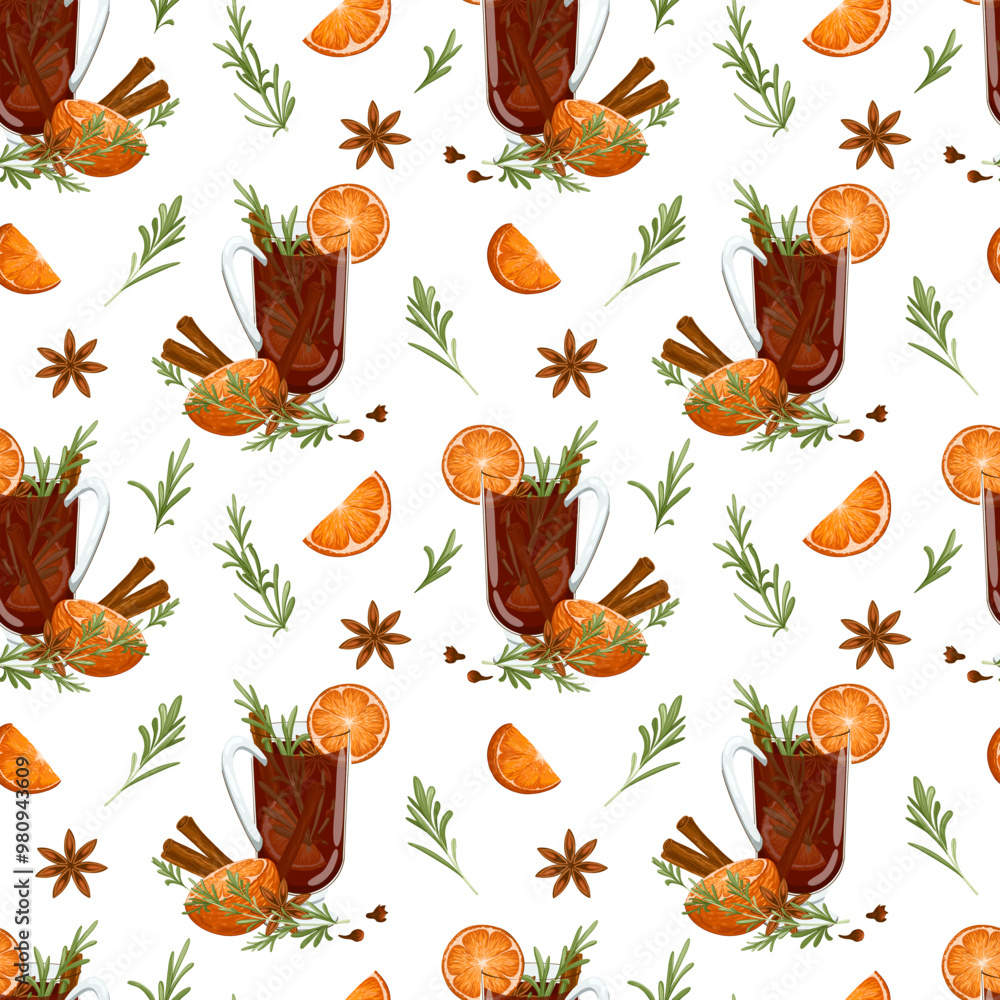 Mulled wine with cinnamon, oranges and rosemary seamless pattern. Red punch with fruits and spices. Christmas warm beverage. Gluhwein vector print design for menu, prints Mulled wine with cinnamon, oranges and rosemary seamless pattern. Red punch with fruits and spices. Christmas warm beverage. Gluhwein vector print design for menu, prints