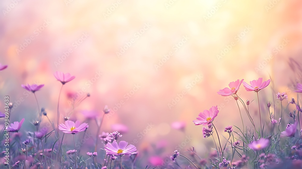 Obraz premium A serene field of blooming flowers with soft pastel colors and a dreamy background.