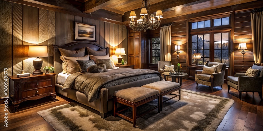 Cozy and mysterious bedroom adorned with dark wood accents, soft lighting, and plush textures Cozy and mysterious bedroom adorned with dark wood accents, soft lighting, and plush textures