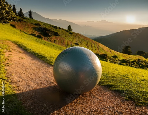 Exercise Balls: Show a large exercise ball rolling slowly down a hill. photo