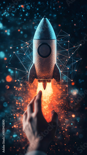 Businessman launches rocket in a network, representing success in business