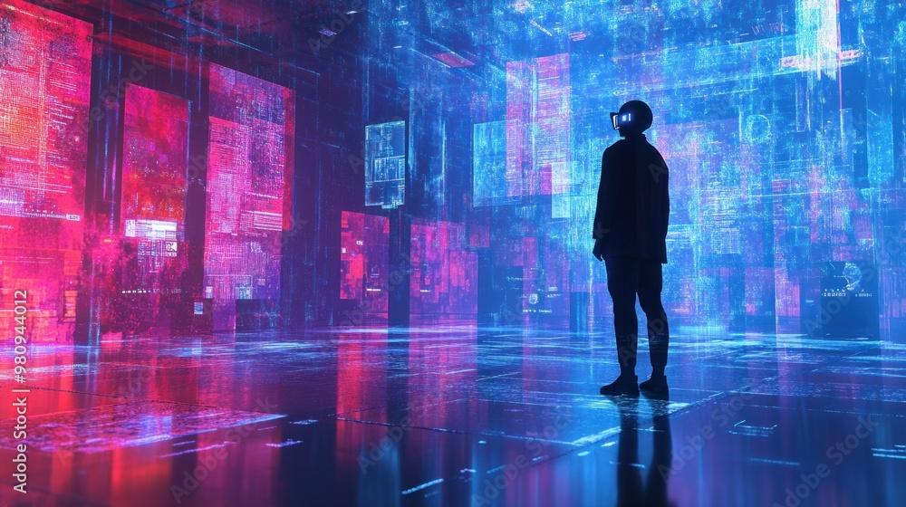 A futuristic scene of a person immersed in the metaverse, standing in a room surrounded by 3D digital projections. A futuristic scene of a person immersed in the metaverse, standing in a room surrounded by 3D digital projections.