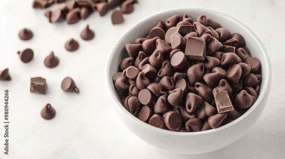 A bowl of chocolate chips and chunks on a white countertop, ready for baking or snacking, showcasing their versatile use in various recipes A bowl of chocolate chips and chunks on a white countertop, ready for baking or snacking, showcasing their versatile use in various recipes